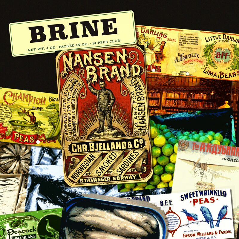 Square cover art layering Norwegian sardine tin labels, lima bean can wrappers and market produce photography over black