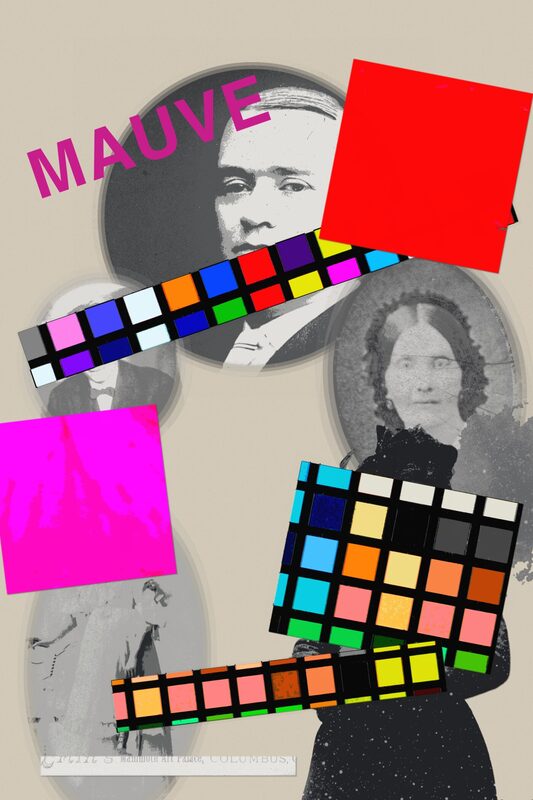 A portrait poster of Victorian studio portraits in grey with hard-edged fluorescent magenta squares and colour calibration charts laid across them