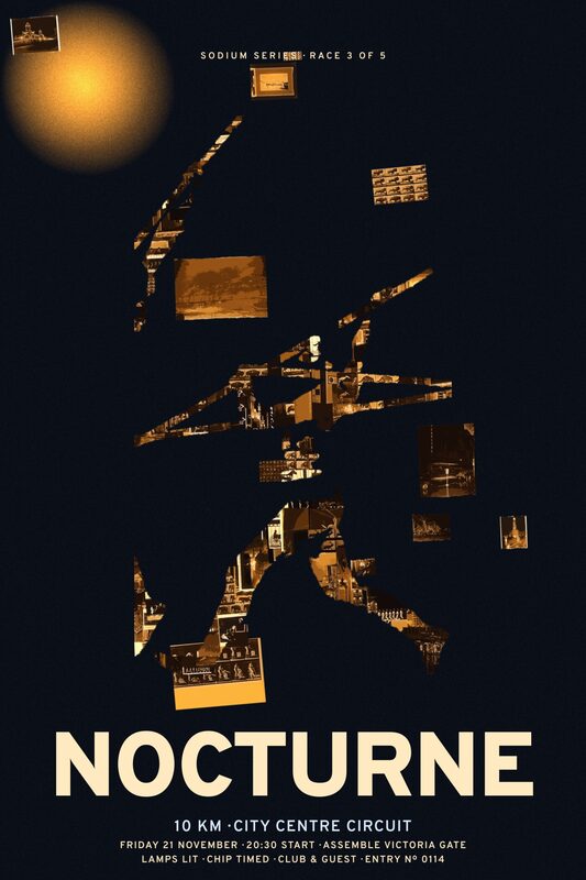 A tall dark poster, a running figure’s silhouette filled with sepia night photography under a sodium streetlamp glow, titled NOCTURNE