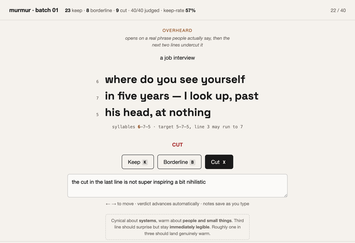 The curation tool showing one haiku about a job interview, set large in Space Grotesk with the syllable count of each line in the margin. It is marked CUT in red, and a note underneath reads 'the cut in the last line is not super inspiring a bit nihilistic'. A dashed box at the bottom restates the voice rules.