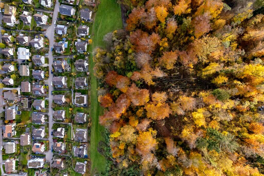 An aerial view of a neighborhood in the fall