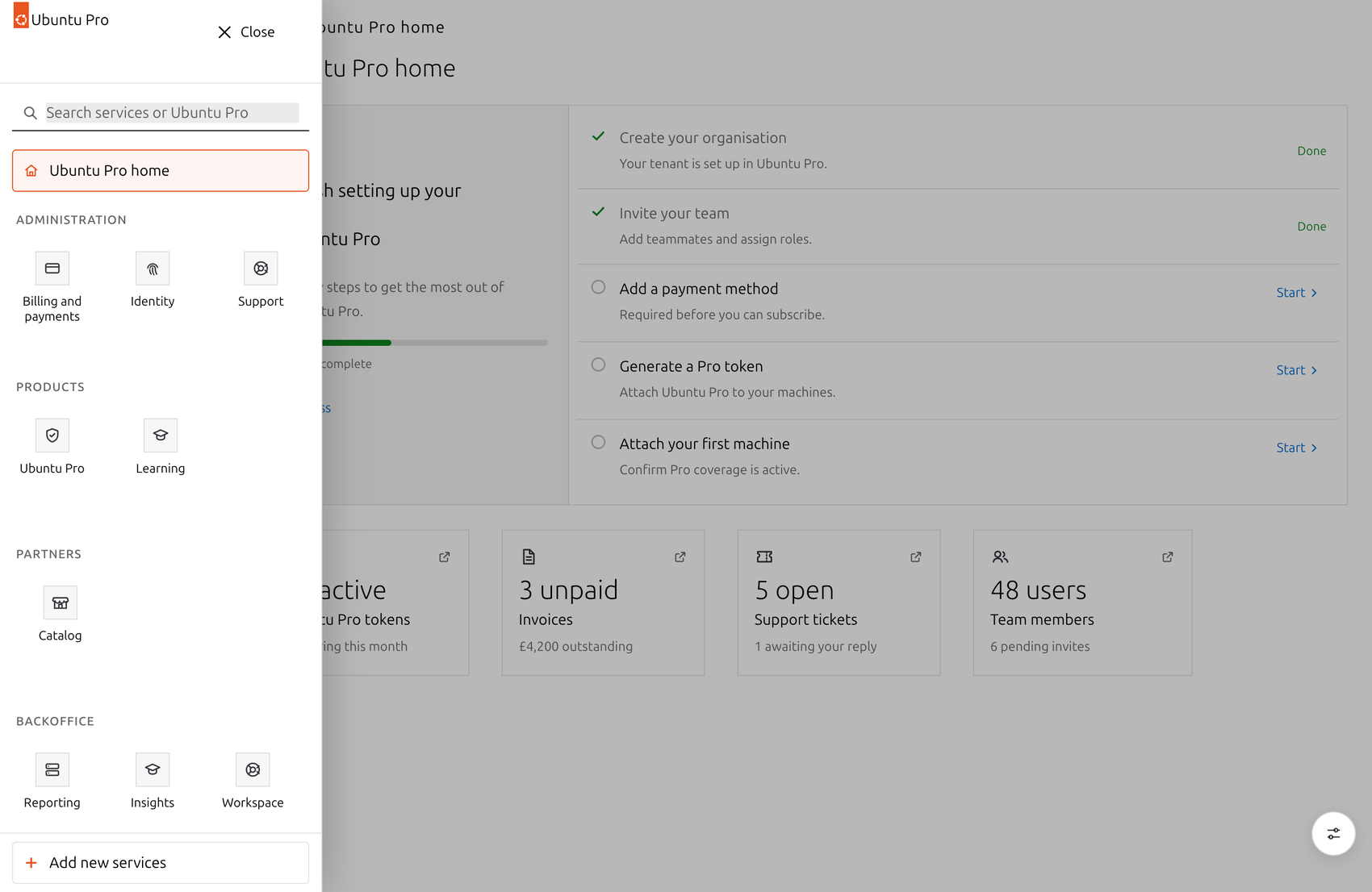 The same home page with the full-height service drawer open, listing services grouped into administration, products, partners and backoffice
